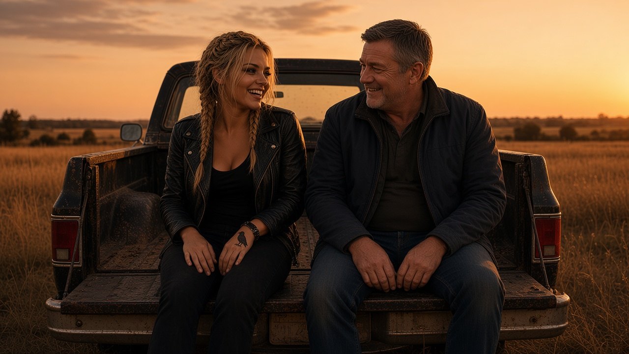 Tammy Raines and Mason Crowe on a tailgate at sunset